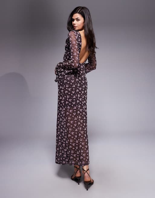 ASOS DESIGN - Chokoladebrun maxikjole med trompetærmer og velouriseret blomstermønster, 4 af 4