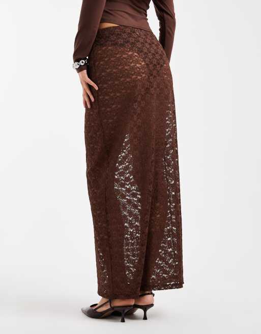 ASOS DESIGN - Chokoladebrun maxinederdel med søjlesnit i gennemsigtigt blondestof, 2 af 5