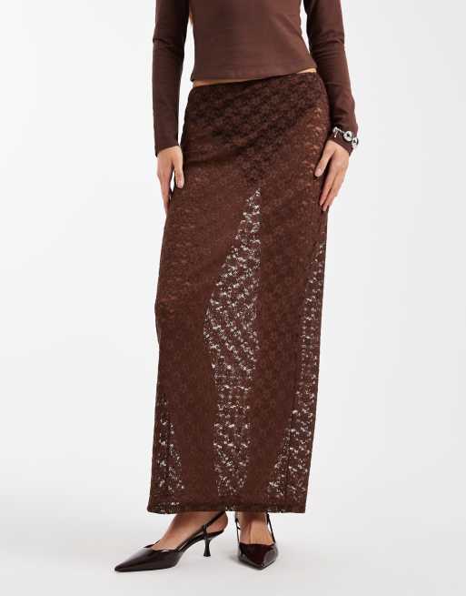ASOS DESIGN - Chokoladebrun maxinederdel med søjlesnit i gennemsigtigt blondestof, 3 af 5