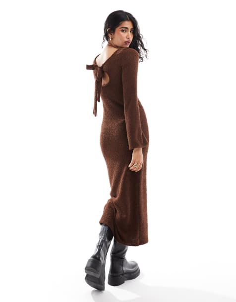 ASOS DESIGN - Chokoladebrun midikjole i superblødt vamset materiale med engleærmer og bindebånd på ryggen - view 1