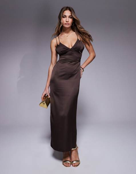 ASOS DESIGN - Chokoladebrun midikjole med chiffon-skåle og krydsende ryg i satin - view 1