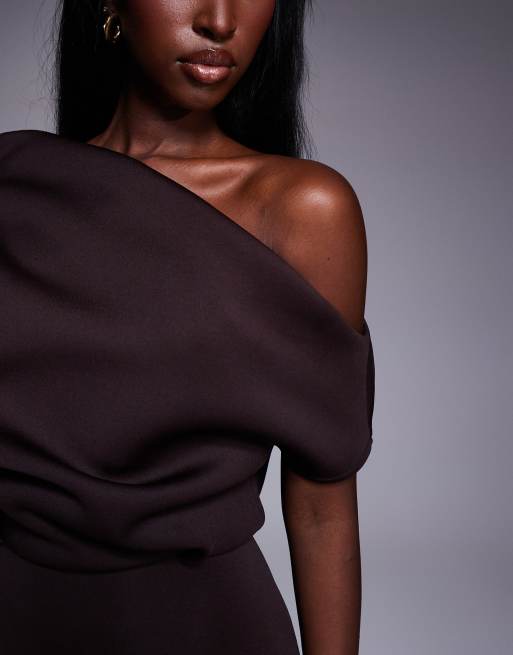 ASOS DESIGN - Chokoladebrun midikjole med dramatisk halsudskæring i scuba-lignende stof, 4 af 4