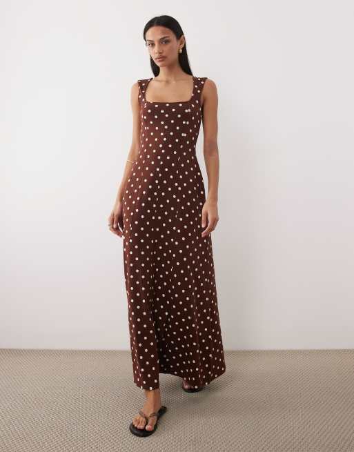 ASOS DESIGN - Chokoladebrun midikjole med firkantet hals og syningsdetaljer, 2 af 4