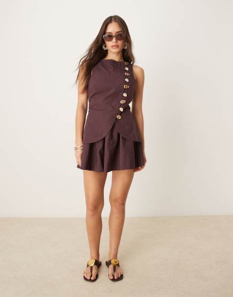 ASOS DESIGN - Chokoladebrun minikjole i hørlook med vest-design og nederdel i poplin - view 1