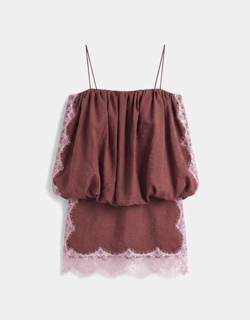 ASOS DESIGN - Chokoladebrun minikjole med boblekant og lyslilla blondekanter, 5 af 7
