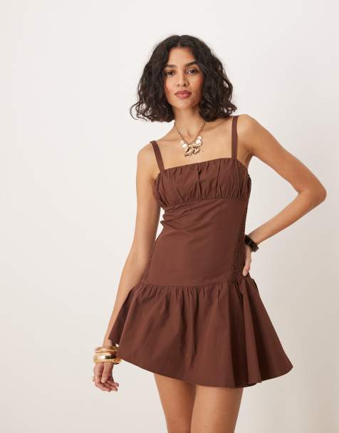 ASOS DESIGN - Chokoladebrun minikjole med cami-stropper og rynket livstykke - view 1