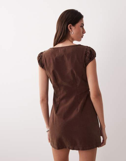 ASOS DESIGN - Chokoladebrun minikjole med dyb rund hals samt knapper og vingeærmer i twill, 4 af 4