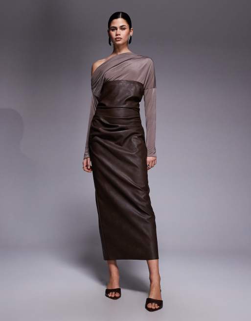 ASOS DESIGN - Chokoladebrun offshoulder-midikjole i PU