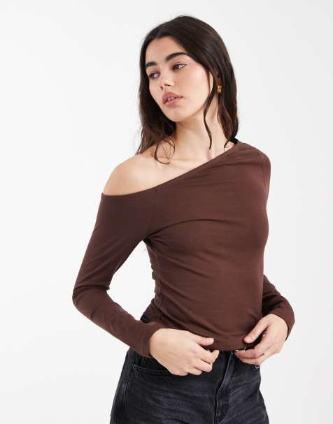 ASOS DESIGN - Chokoladebrun offshoulder-top med lange ærmer i bomuld - view 1