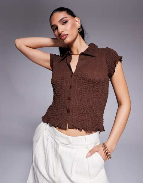 ASOS DESIGN - Chokoladebrun og kortærmet top med tekstur og knapper - view 1