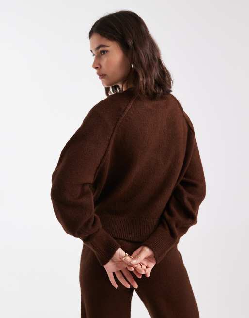 ASOS DESIGN - Chokoladebrun og langærmet striktrøje i Henley-stil - Del af sæt, 3 af 4