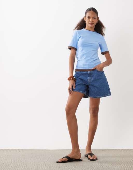 ASOS DESIGN - Chokoladebrun og lyseblå kortærmet top i to lag, 3 af 4
