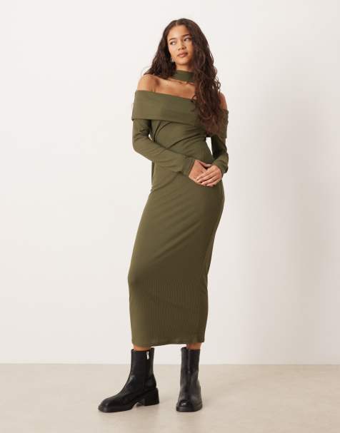 ASOS DESIGN - Chokoladebrun og ribstrikket Bardot-midikjole med tørklædedetalje - view 1