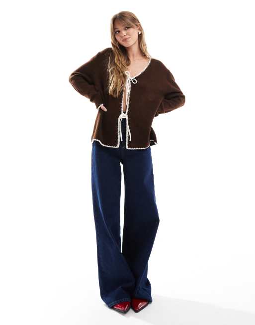 ASOS DESIGN - Chokoladebrun oversized cardigan med V-hals og bindebånd foran i strik, 2 af 4