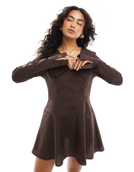 ASOS DESIGN - Chokoladebrun oversized minikjole med krave i poplin