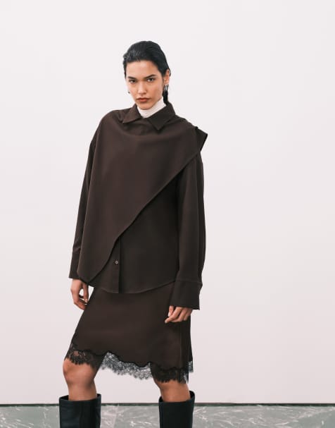 ASOS DESIGN - Chokoladebrun oversized skjorte med slå-om-tørklæde - view 1