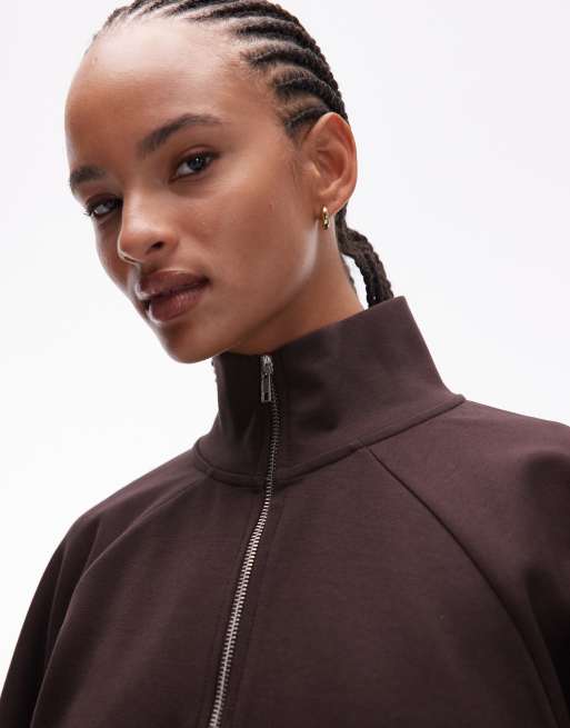 ASOS DESIGN - Chokoladebrun oversized sweatshirt i interlock-stof med ståkrave og lynlås og lommer, 3 af 4