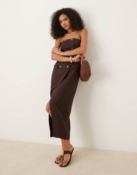 ASOS DESIGN - Chokoladebrun pencil-midikjole med bandeau-snit i trench-stil - view 1
