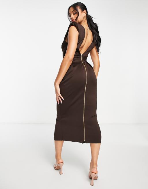 ASOS DESIGN - Chokoladebrun pencil-midikjole med skulderpuder og foldedetalje, 2 af 4