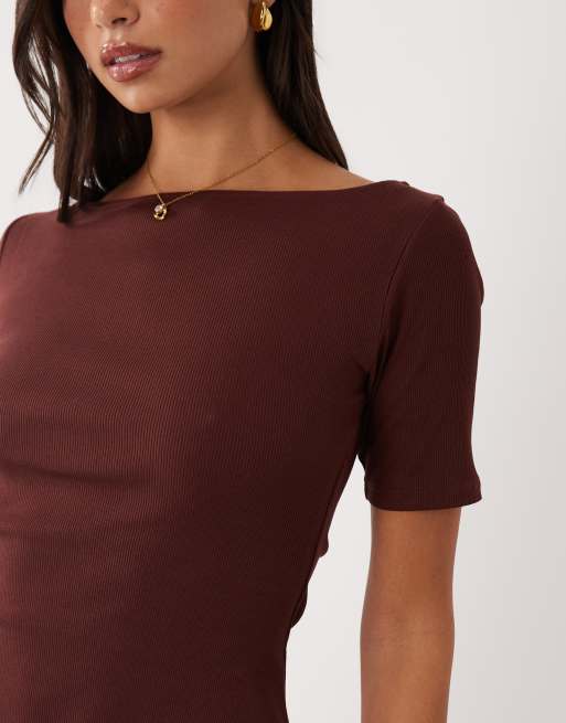 ASOS DESIGN - Chokoladebrun ribstrikket minikjole med sømdetaljer og bred hals, 2 af 4