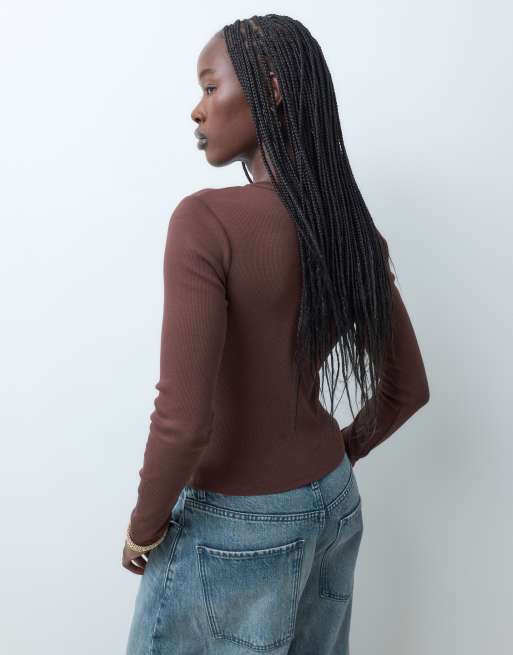 ASOS DESIGN - Chokoladebrun ribstrikket top med lange ærmer og rund hals, 2 af 5