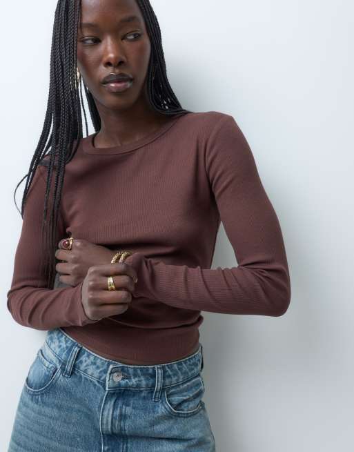 ASOS DESIGN - Chokoladebrun ribstrikket top med lange ærmer og rund hals, 5 af 5