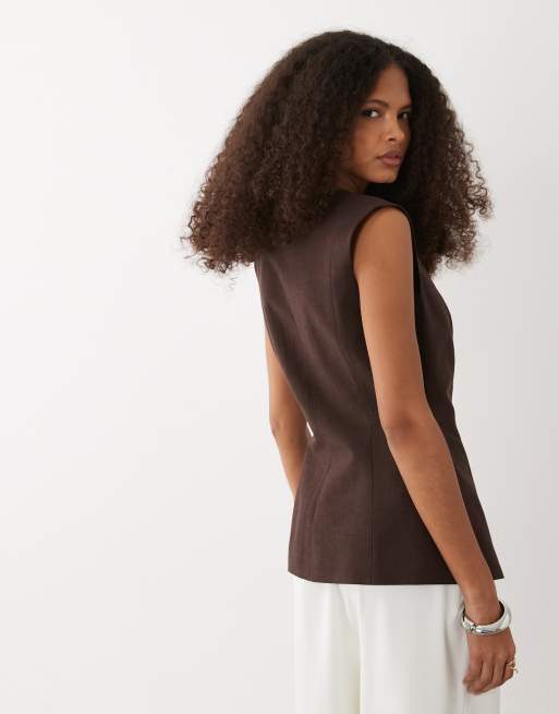 ASOS DESIGN - Chokoladebrun ærmeløs top med knapper i hørblanding, 4 af 4