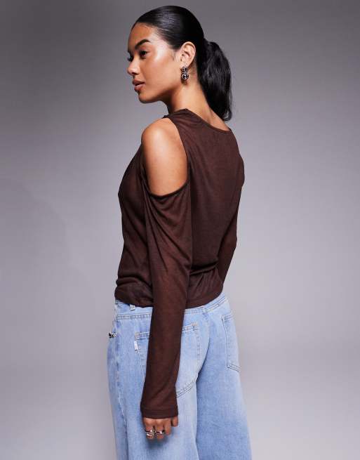 ASOS DESIGN - Chokoladebrun semitransparent langærmet overdel med snoet skulder, 2 af 4