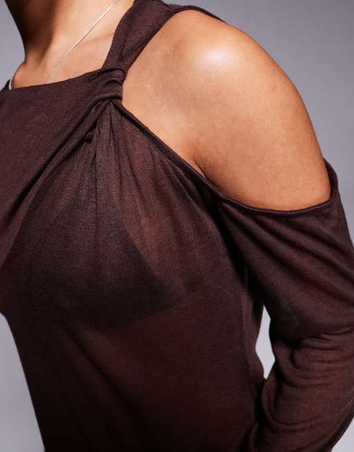 ASOS DESIGN - Chokoladebrun semitransparent langærmet overdel med snoet skulder, 4 af 4