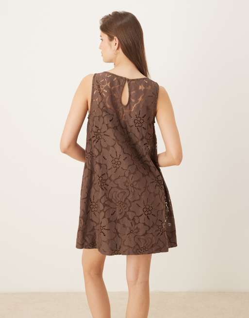 ASOS DESIGN - Chokoladebrun shift-minikjole med blonder, 4 af 4