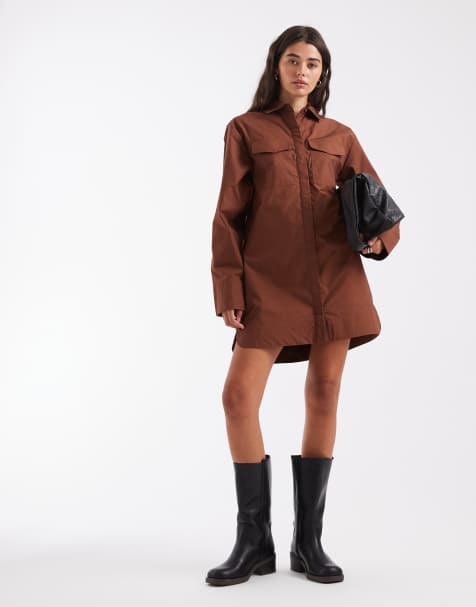 ASOS DESIGN - Chokoladebrun skjortekjole i poplin i maxilængde med trapez-form og vide ærmekanter samt oversized lommer - view 1