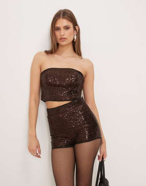 ASOS DESIGN - Chokoladebrun skræddersyet bandeau-top med pailletter - view 1