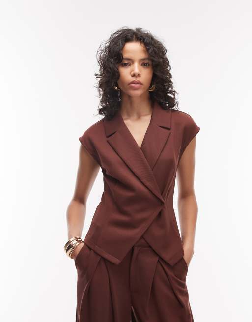 ASOS DESIGN - Chokoladebrunt sæt i jerseytwill med bukser med vide ben og plisseringer og skræddersyet vest, 3 af 3