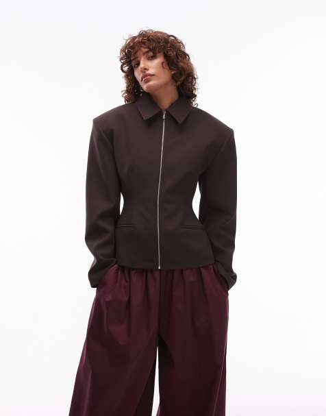 ASOS DESIGN - Chokoladebrun skræddersyet jakke med skulpturel effekt og indsyning i taljen samt lynlås - view 1