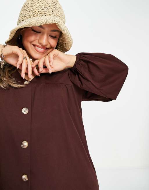 ASOS DESIGN - Chokoladebrun smock-minikjole med lange ærmer og gennemgående knapper