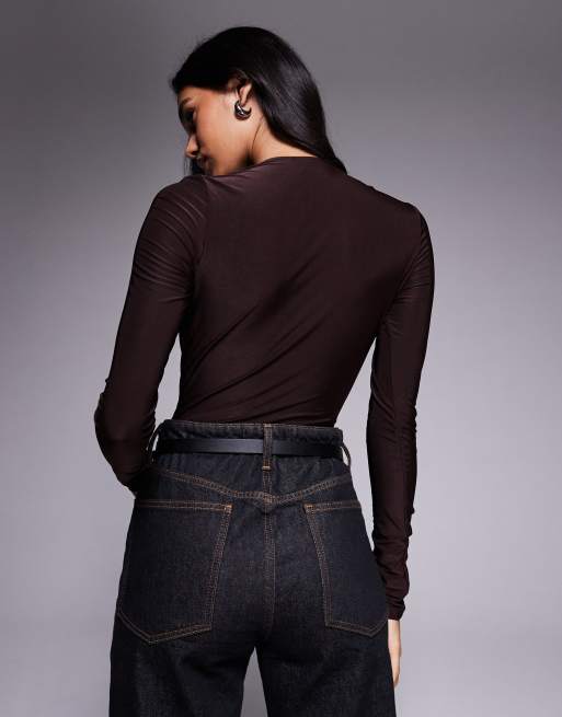 ASOS DESIGN - Chokoladebrun stram og langærmet bodystocking med rynker og dyb udskæring, 4 af 4