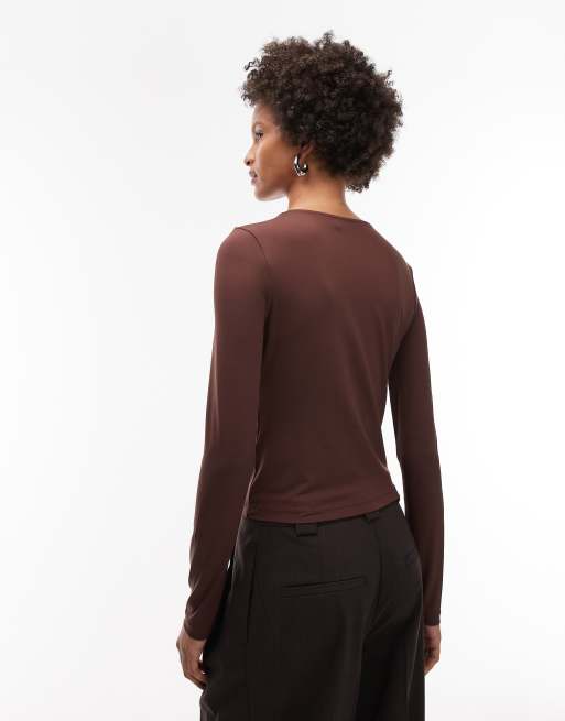 ASOS DESIGN - Chokoladebrun stram og langærmet top med udskæring og snoningsdetalje, 4 af 4