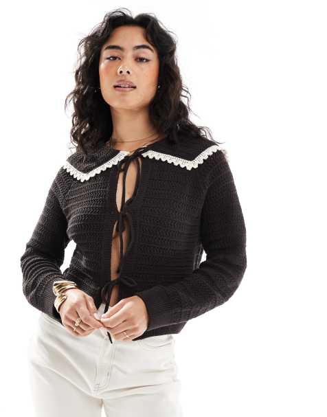 ASOS DESIGN - Chokoladebrun strikket cardigan med bindebånd foran og strikkede detaljer - view 1