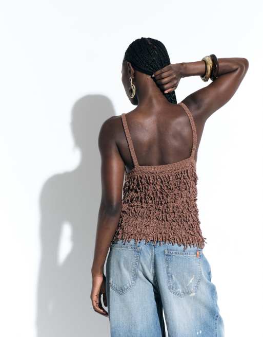 ASOS DESIGN - Chokoladebrun striktop med halterneck og frynser, 3 af 4