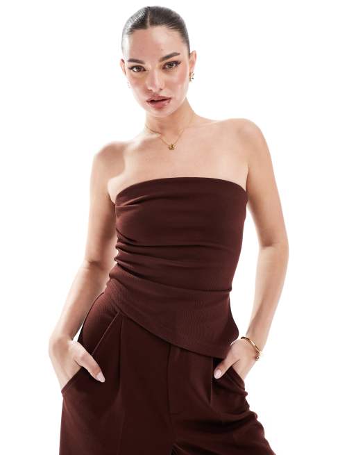 ASOS DESIGN - Chokoladebrun stropløs bandeau-top med rynker i siderne