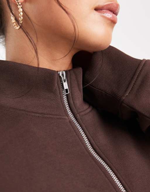 ASOS DESIGN - Chokoladebrun sweatshirt med halv lynlås og børstet finish på indersiden, 3 af 4