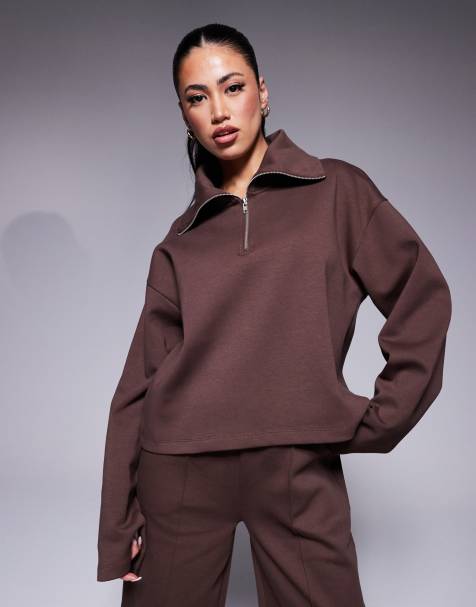 ASOS DESIGN - Chokoladebrun sweatshirt med lynlås i halsen og interlock - Del af sæt - view 1