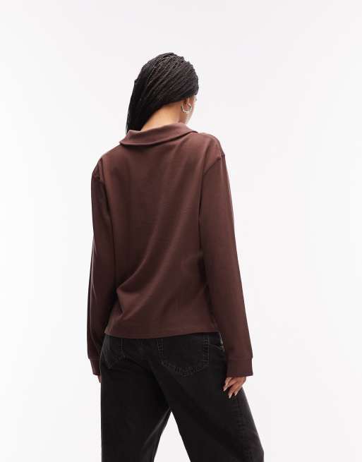 ASOS DESIGN - Chokoladebrun T-shirt med lange ærmer og rugbykrave, 2 af 4