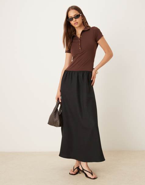 ASOS DESIGN - Chokoladebrun T-shirt-midikjole med hybriddesign og knapper - view 1