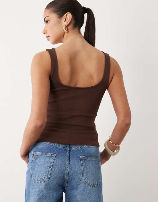 ASOS DESIGN - Chokoladebrun tanktop i kompakt bomuld med guldfarvet kant, 4 af 4