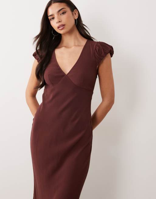 ASOS DESIGN - Chokoladebrun tea-maxikjole med pufærmer og V-hals, 2 af 4