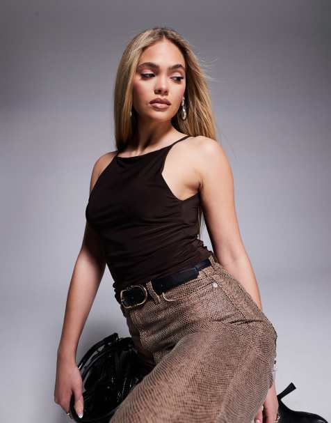ASOS DESIGN - Chokoladebrun top med dobbeltlag, stropper og bådudskæring i 90'er-stil - view 1