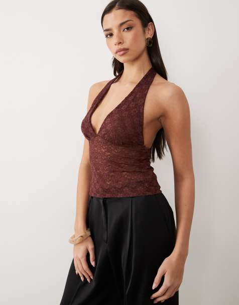 ASOS DESIGN - Chokoladebrun top med halterneck i blondestof - view 1