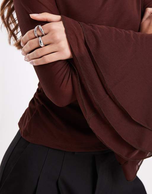 ASOS DESIGN - Chokoladebrun top med lange ærmer med overdrevne detaljer i mesh, 3 af 4