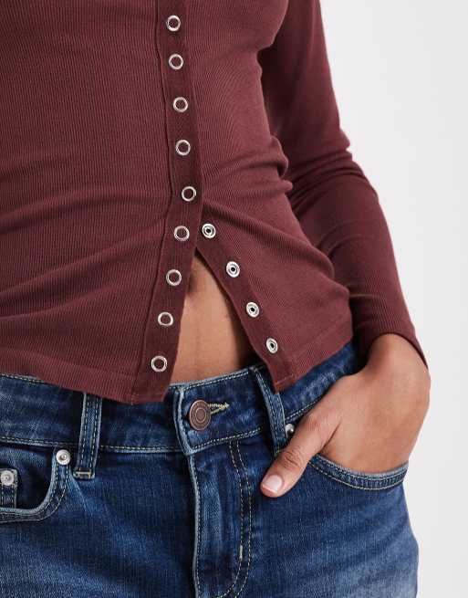 ASOS DESIGN - Chokoladebrun top med lange ærmer og trykknapper i sømløs ribstrik, 2 af 4